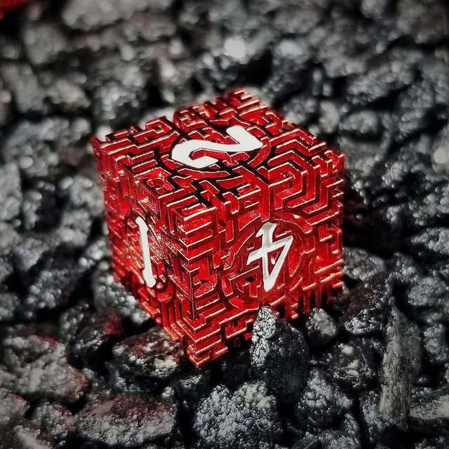 Sage's Labyrinths - Red Weave White Ink Hollow Metal Polyhedral Dice Set - Sage's PortalHollow Metal Dice Set