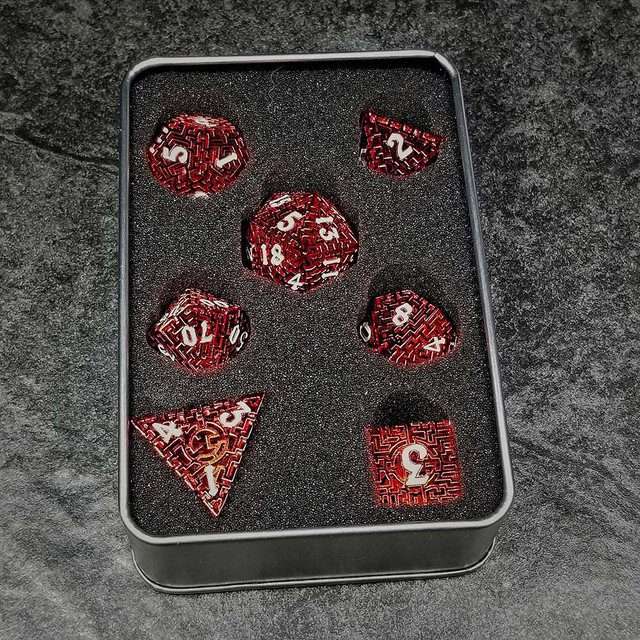 Sage's Labyrinths - Red Weave White Ink Hollow Metal Polyhedral Dice Set - Sage's PortalHollow Metal Dice Set