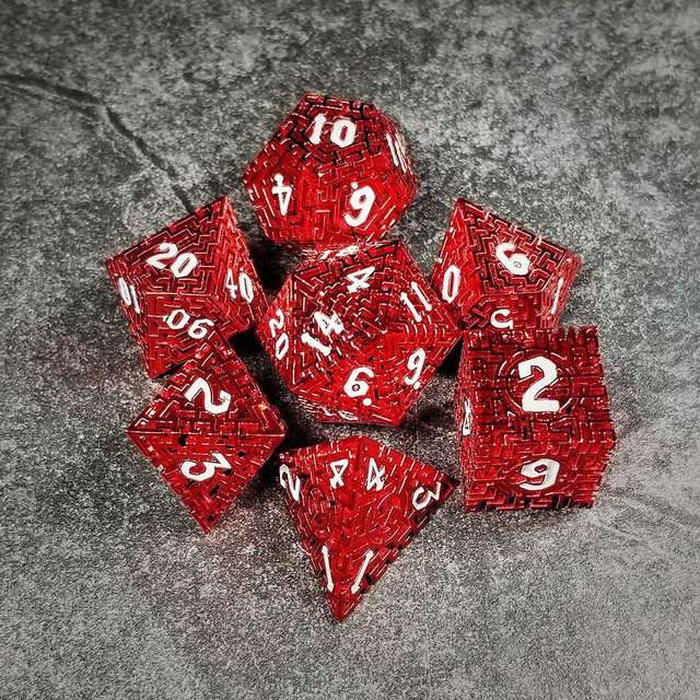 Sage's Labyrinths - Red Weave White Ink Hollow Metal Polyhedral Dice Set - Sage's PortalHollow Metal Dice Set
