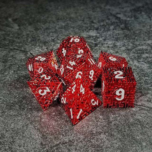 Sage's Labyrinths - Red Weave White Ink Hollow Metal Polyhedral Dice Set - Sage's PortalHollow Metal Dice Set