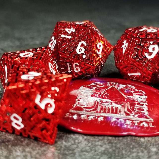 Sage's Labyrinths - Red Weave White Ink Hollow Metal Polyhedral Dice Set - Sage's PortalHollow Metal Dice Set