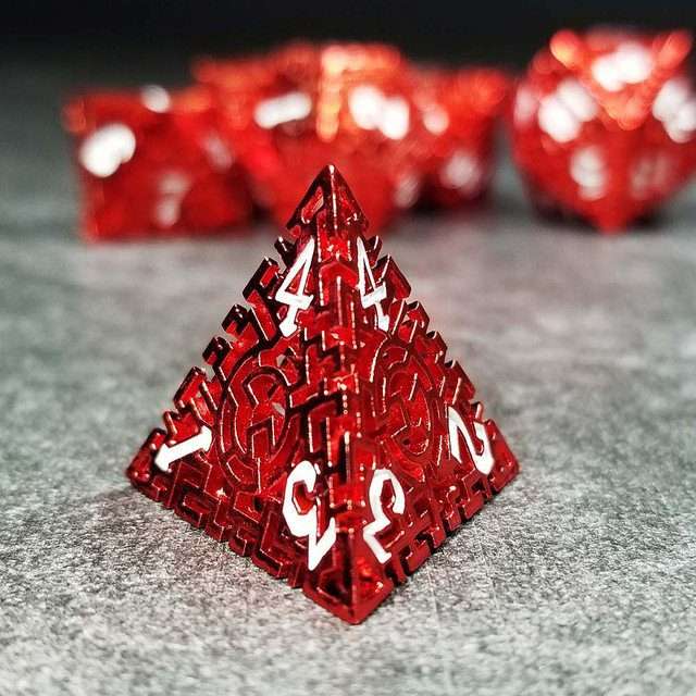 Sage's Labyrinths - Red Weave White Ink Hollow Metal Polyhedral Dice Set - Sage's PortalHollow Metal Dice Set