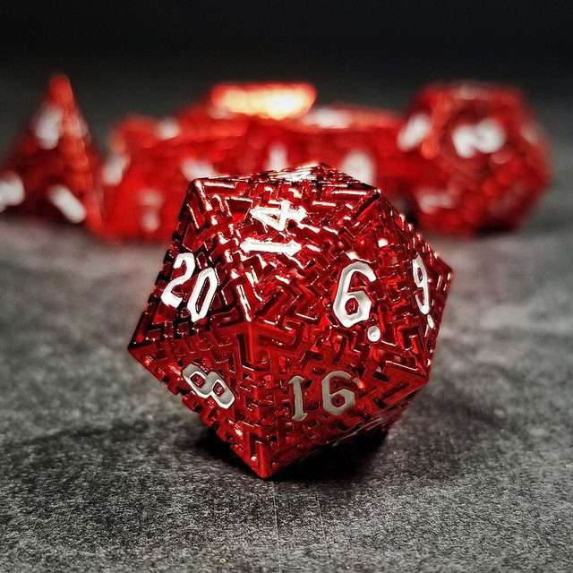Sage's Labyrinths - Red Weave White Ink Hollow Metal Polyhedral Dice Set - Sage's PortalHollow Metal Dice Set