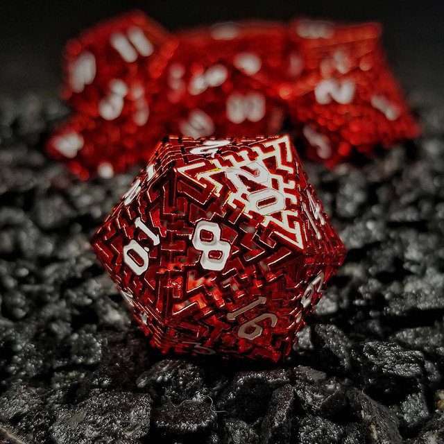 Sage's Labyrinths - Red Weave White Ink Hollow Metal Polyhedral Dice Set - Sage's PortalHollow Metal Dice Set