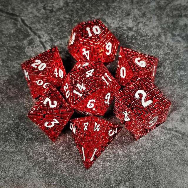 Sage's Labyrinths - Red Weave White Ink Hollow Metal Polyhedral Dice Set - Sage's PortalHollow Metal Dice Set