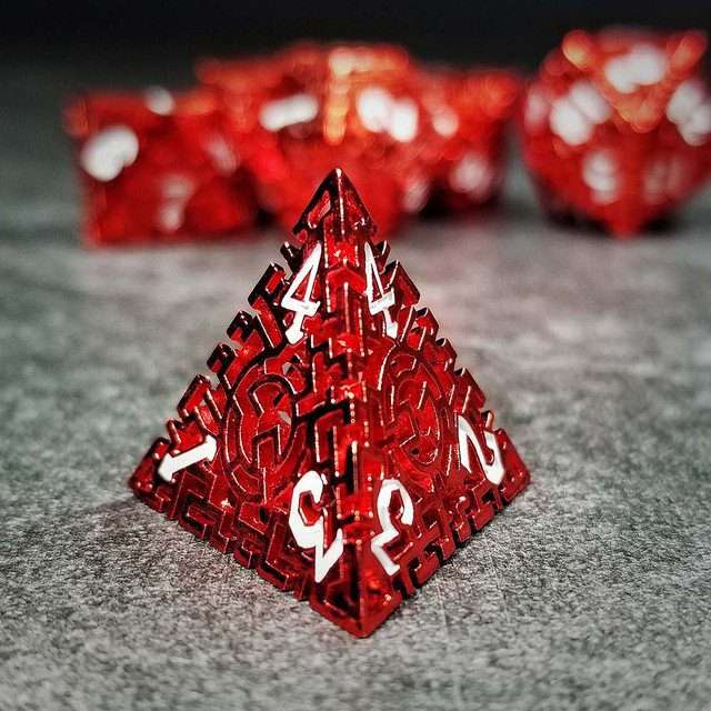 Sage's Labyrinths - Red Weave White Ink Hollow Metal Polyhedral Dice Set - Sage's PortalHollow Metal Dice Set