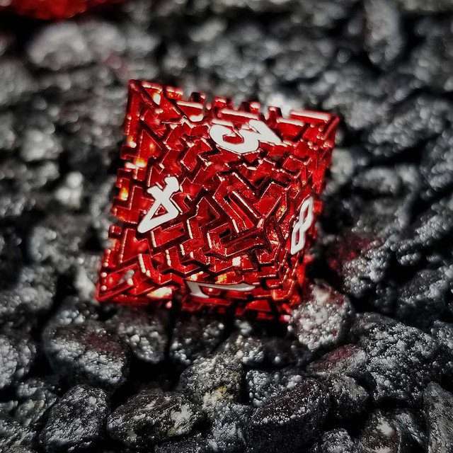 Sage's Labyrinths - Red Weave White Ink Hollow Metal Polyhedral Dice Set - Sage's PortalHollow Metal Dice Set
