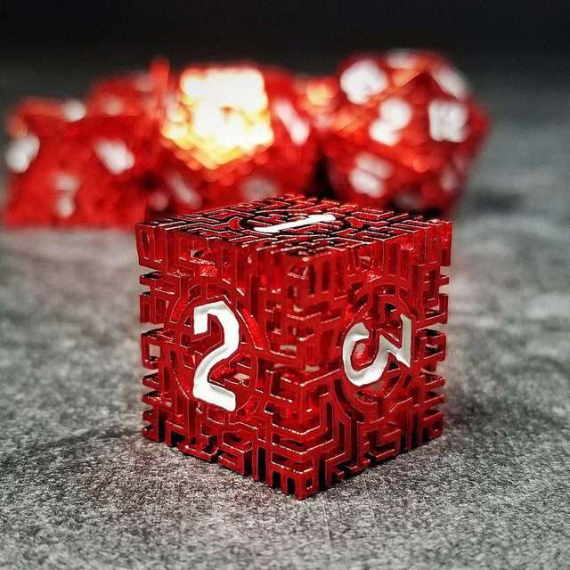 Sage's Labyrinths - Red Weave White Ink Hollow Metal Polyhedral Dice Set - Sage's PortalHollow Metal Dice Set