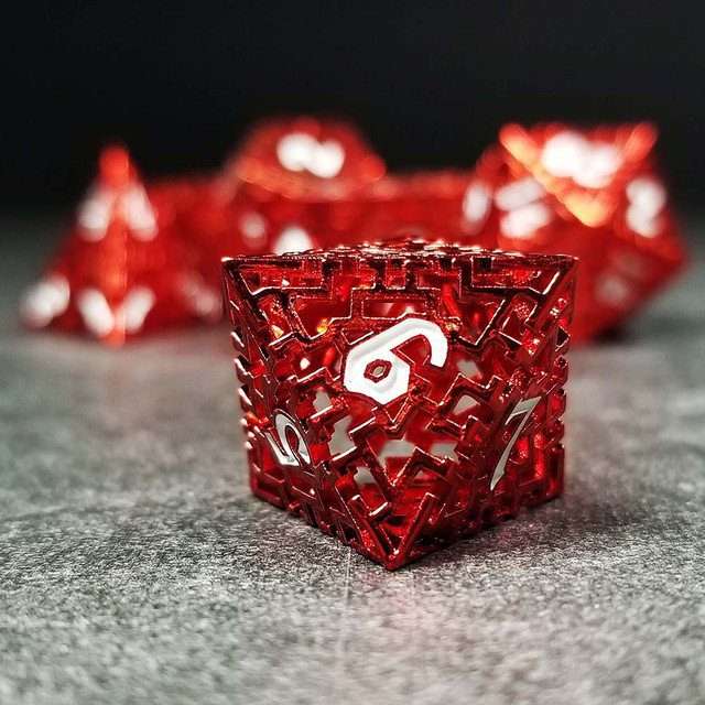 Sage's Labyrinths - Red Weave White Ink Hollow Metal Polyhedral Dice Set - Sage's PortalHollow Metal Dice Set