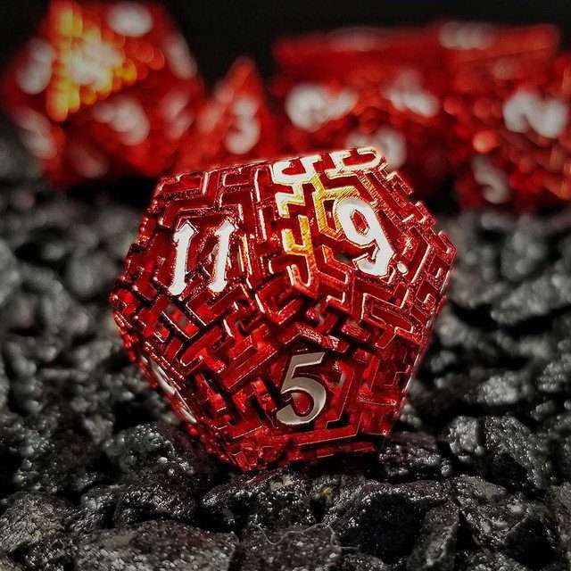 Sage's Labyrinths - Red Weave White Ink Hollow Metal Polyhedral Dice Set - Sage's PortalHollow Metal Dice Set