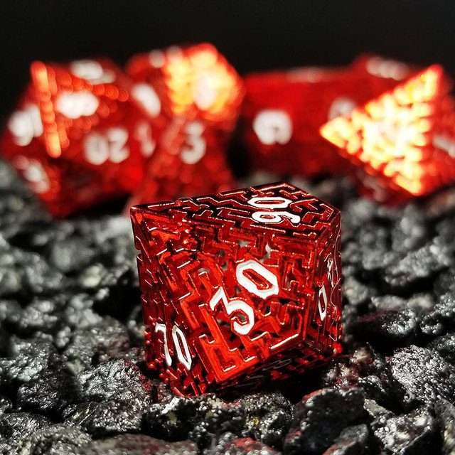 Sage's Labyrinths - Red Weave White Ink Hollow Metal Polyhedral Dice Set - Sage's PortalHollow Metal Dice Set