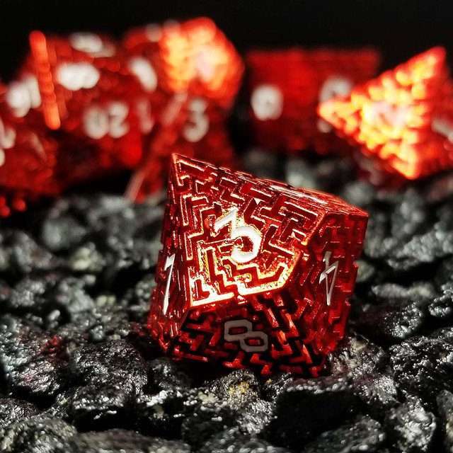 Sage's Labyrinths - Red Weave White Ink Hollow Metal Polyhedral Dice Set - Sage's PortalHollow Metal Dice Set