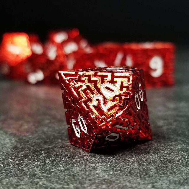Sage's Labyrinths - Red Weave White Ink Hollow Metal Polyhedral Dice Set - Sage's PortalHollow Metal Dice Set