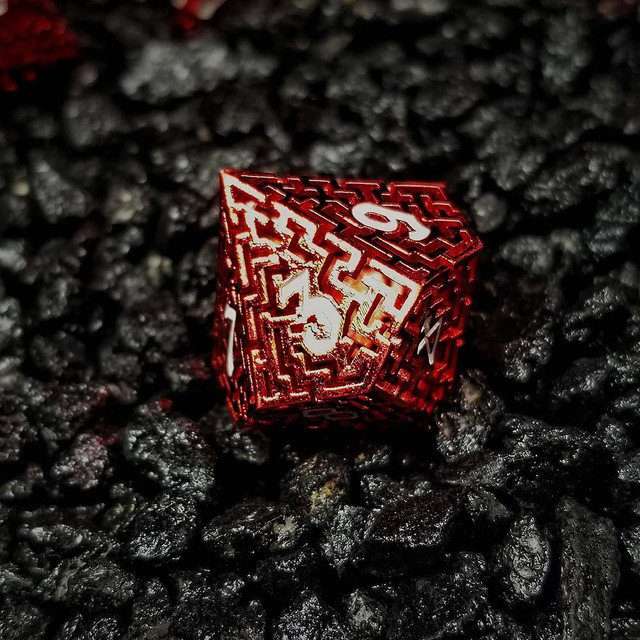 Sage's Labyrinths - Red Weave White Ink Hollow Metal Polyhedral Dice Set - Sage's PortalHollow Metal Dice Set