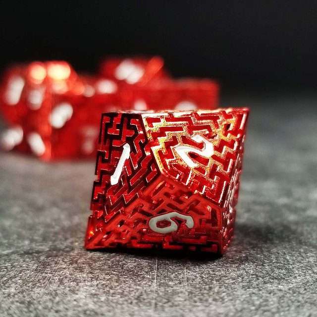 Sage's Labyrinths - Red Weave White Ink Hollow Metal Polyhedral Dice Set - Sage's PortalHollow Metal Dice Set
