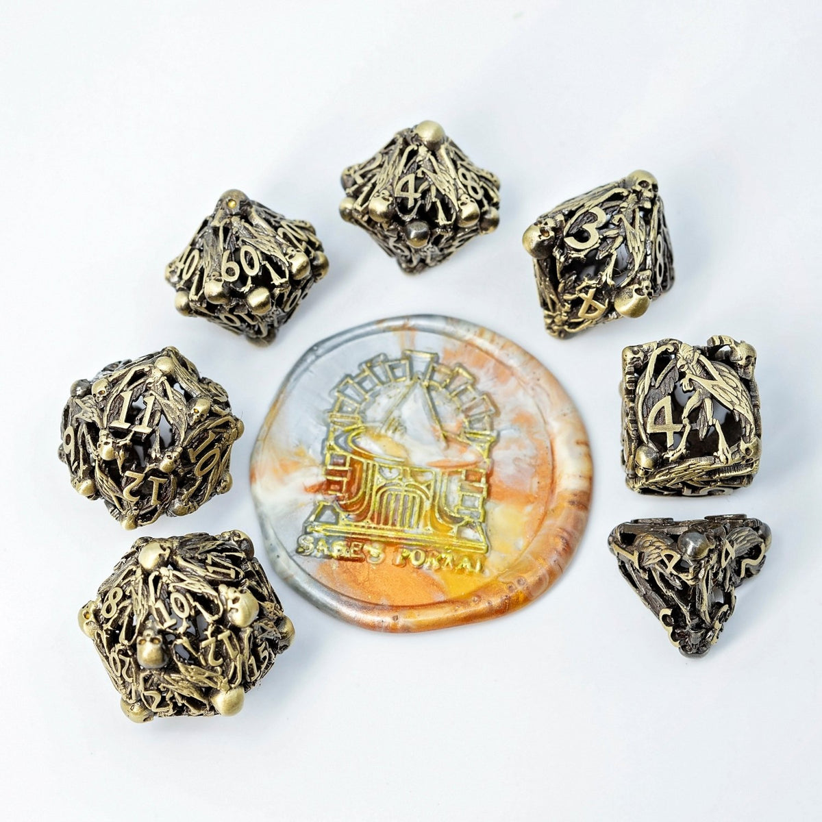Sage's Macabre Bone Trinket Antique Gold Hollow Metal Dice Set - Sage's PortalHollow Metal Dice Set