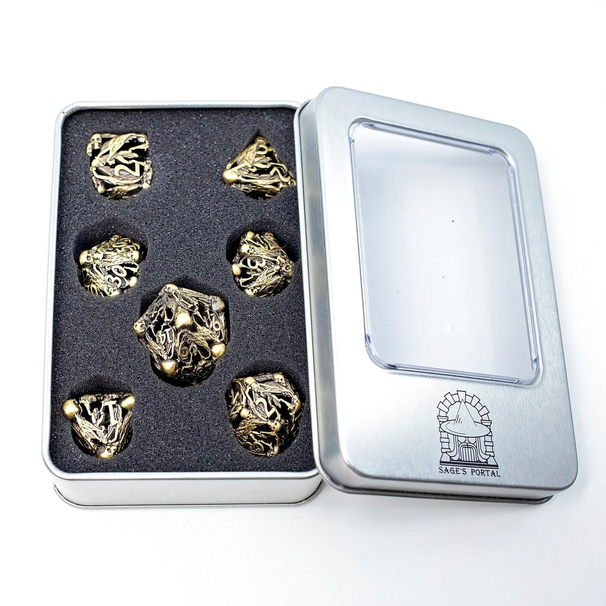 Sage's Macabre Bone Trinket Antique Gold Hollow Metal Dice Set - Sage's PortalHollow Metal Dice Set