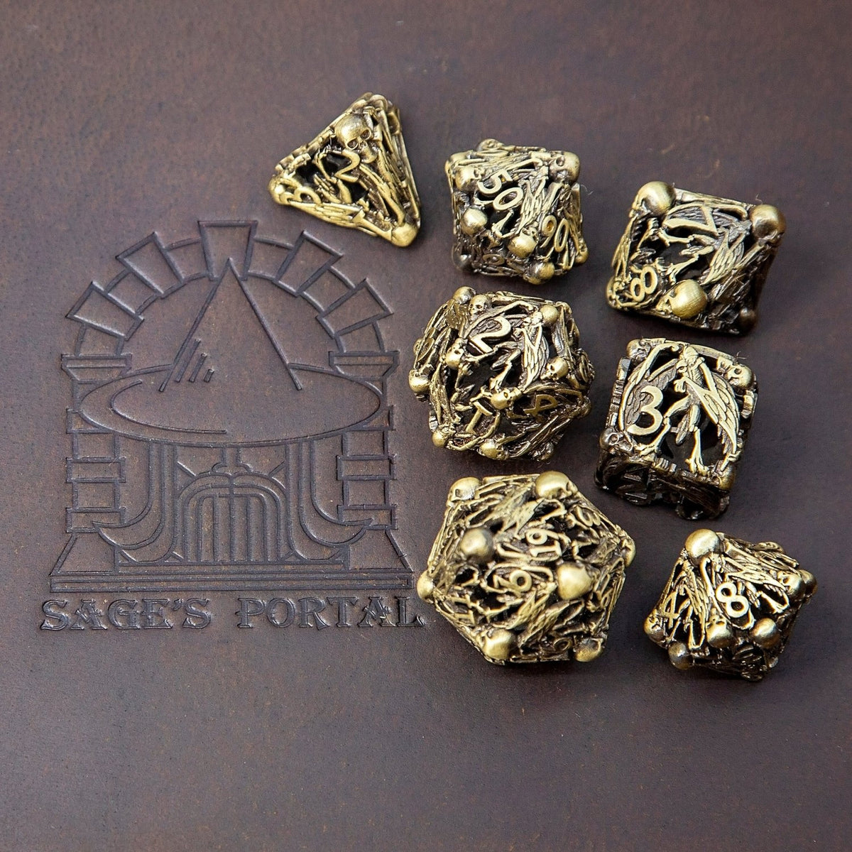 Sage's Macabre Bone Trinket Antique Gold Hollow Metal Dice Set - Sage's PortalHollow Metal Dice Set