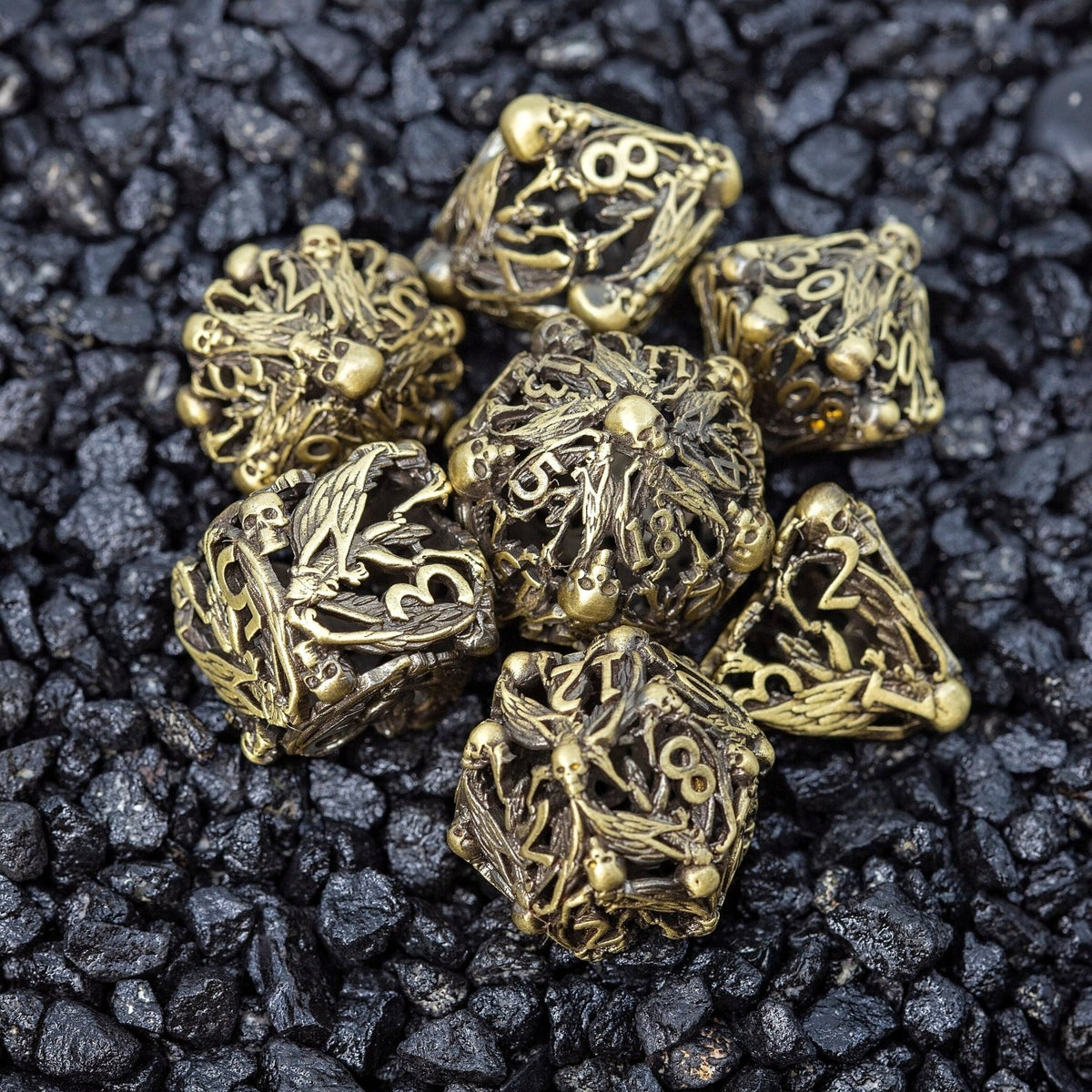 Sage's Macabre Bone Trinket Antique Gold Hollow Metal Dice Set - Sage's PortalHollow Metal Dice Set