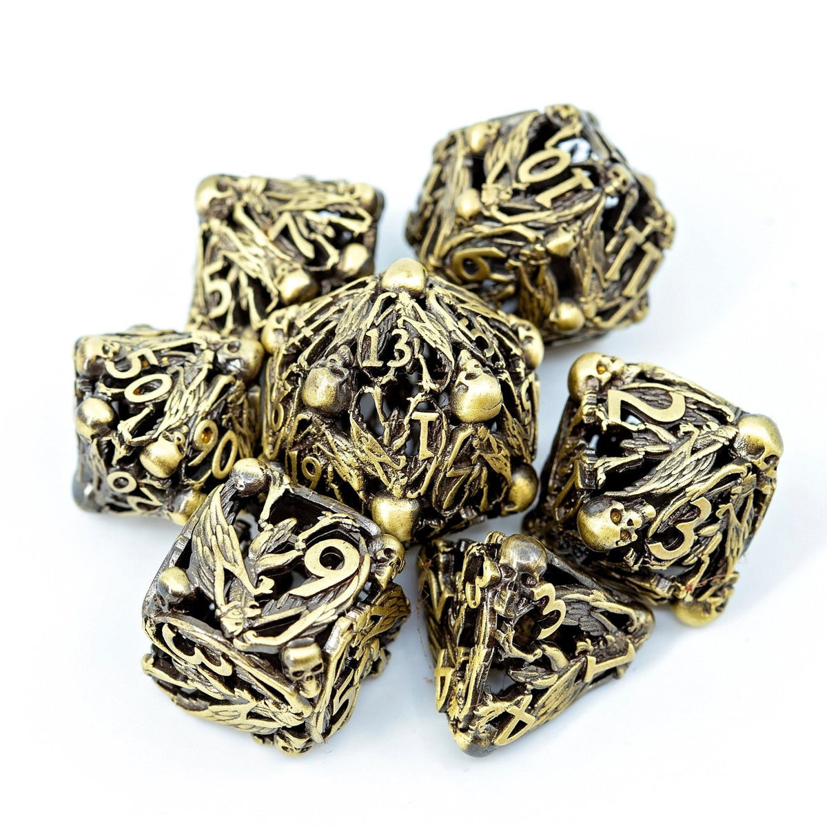 Sage's Macabre Bone Trinket Antique Gold Hollow Metal Dice Set - Sage's PortalHollow Metal Dice Set