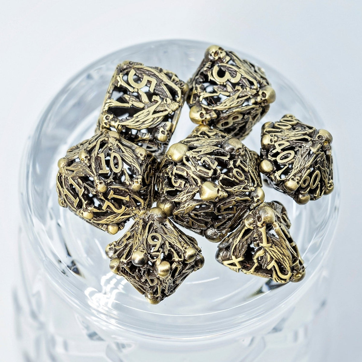 Sage's Macabre Bone Trinket Antique Gold Hollow Metal Dice Set - Sage's PortalHollow Metal Dice Set