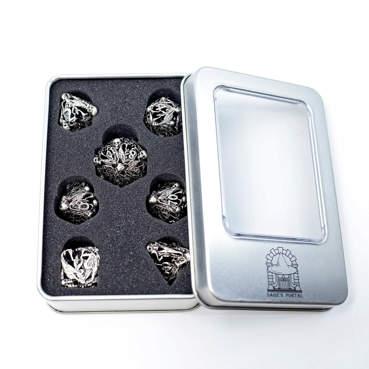 Sage's Macabre Bone Trinket Nickel Hollow Metal Dice Set - Sage's PortalHollow Metal Dice Set