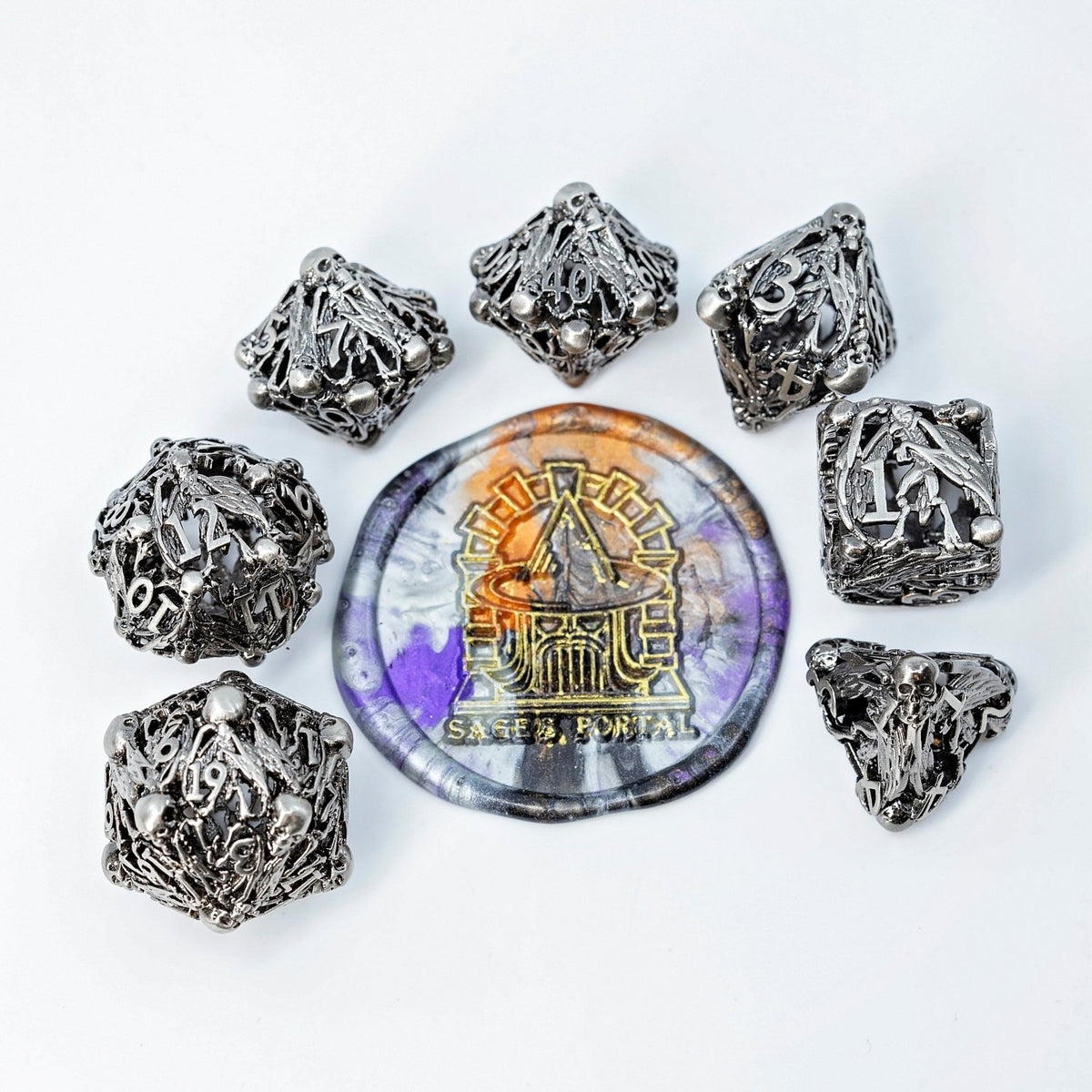 Sage's Macabre Bone Trinket Nickel Hollow Metal Dice Set - Sage's PortalHollow Metal Dice Set