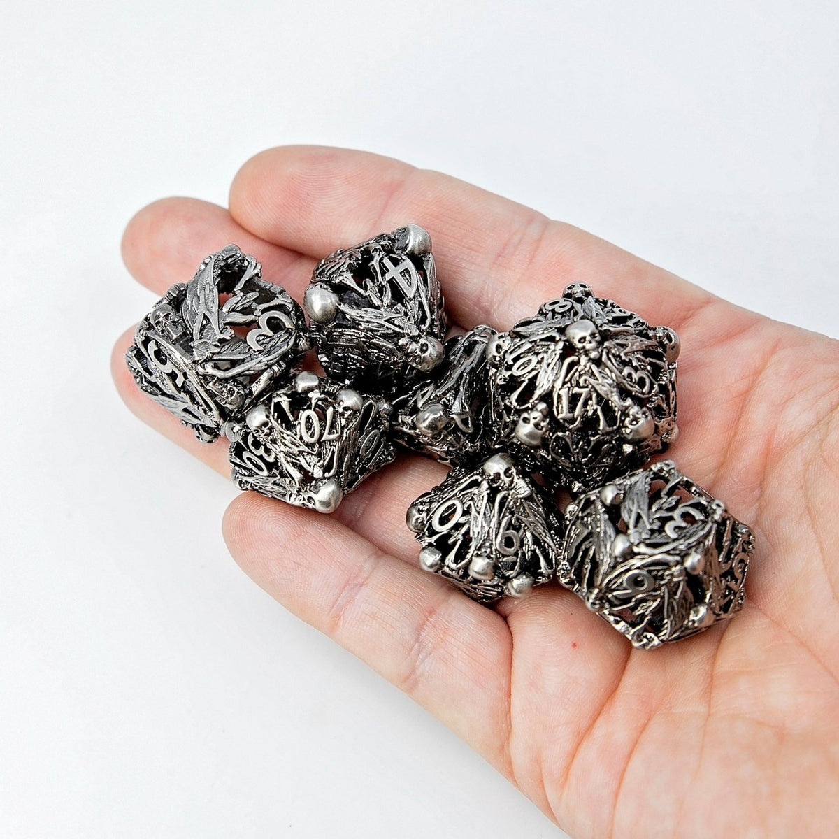 Sage's Macabre Bone Trinket Nickel Hollow Metal Dice Set - Sage's PortalHollow Metal Dice Set