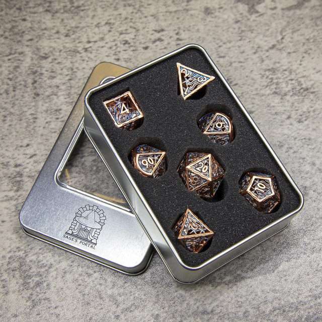 Sage's Mystery of the Oceans Copper/Blue Hollow Metal Polyhedral Dice Set - Sage's PortalHollow Metal Dice Set