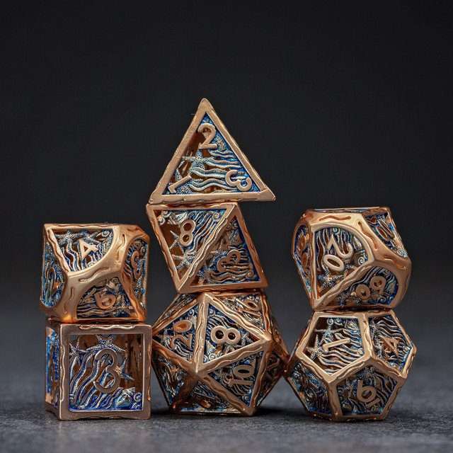 Sage's Mystery of the Oceans Copper/Blue Hollow Metal Polyhedral Dice Set - Sage's PortalHollow Metal Dice Set