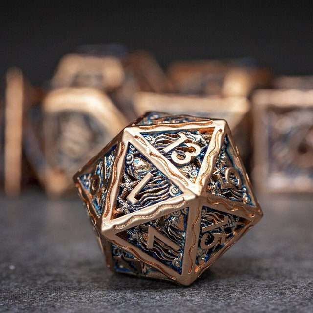 Sage's Mystery of the Oceans Copper/Blue Hollow Metal Polyhedral Dice Set - Sage's PortalHollow Metal Dice Set