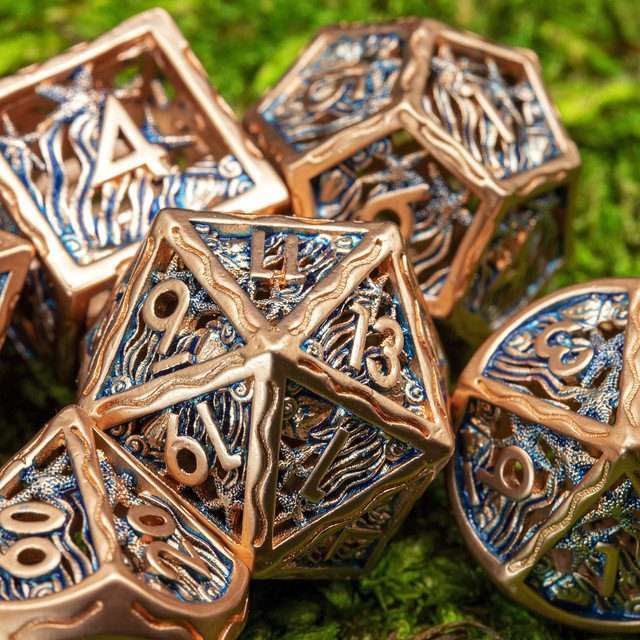 Sage's Mystery of the Oceans Copper/Blue Hollow Metal Polyhedral Dice Set - Sage's PortalHollow Metal Dice Set