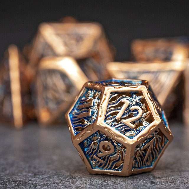 Sage's Mystery of the Oceans Copper/Blue Hollow Metal Polyhedral Dice Set - Sage's PortalHollow Metal Dice Set