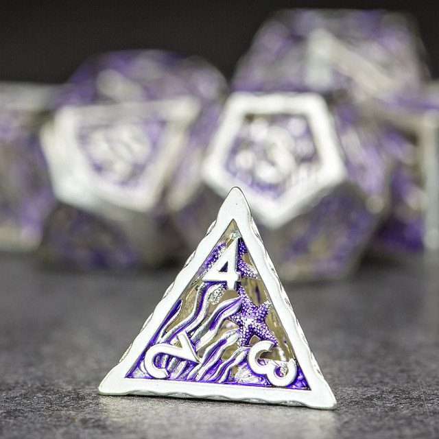 Sage's Mystery of the Oceans Purple/Silver Hollow Metal Polyhedral Dice Set - Sage's PortalHollow Metal Dice Set