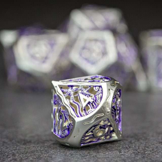 Sage's Mystery of the Oceans Purple/Silver Hollow Metal Polyhedral Dice Set - Sage's PortalHollow Metal Dice Set