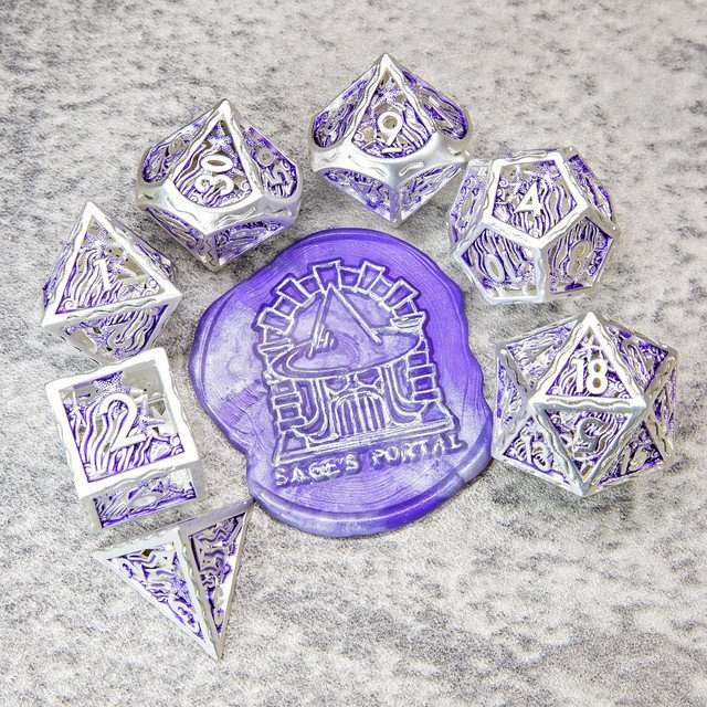 Sage's Mystery of the Oceans Purple/Silver Hollow Metal Polyhedral Dice Set - Sage's PortalHollow Metal Dice Set