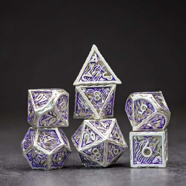 Sage's Mystery of the Oceans Purple/Silver Hollow Metal Polyhedral Dice Set - Sage's PortalHollow Metal Dice Set