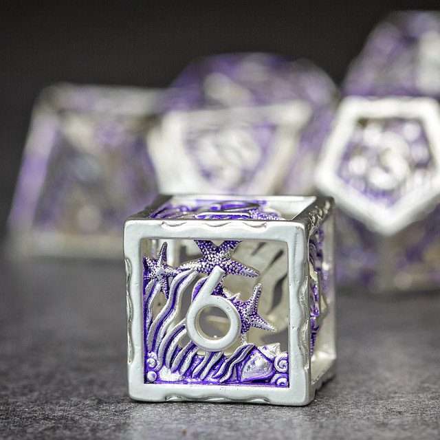 Sage's Mystery of the Oceans Purple/Silver Hollow Metal Polyhedral Dice Set - Sage's PortalHollow Metal Dice Set