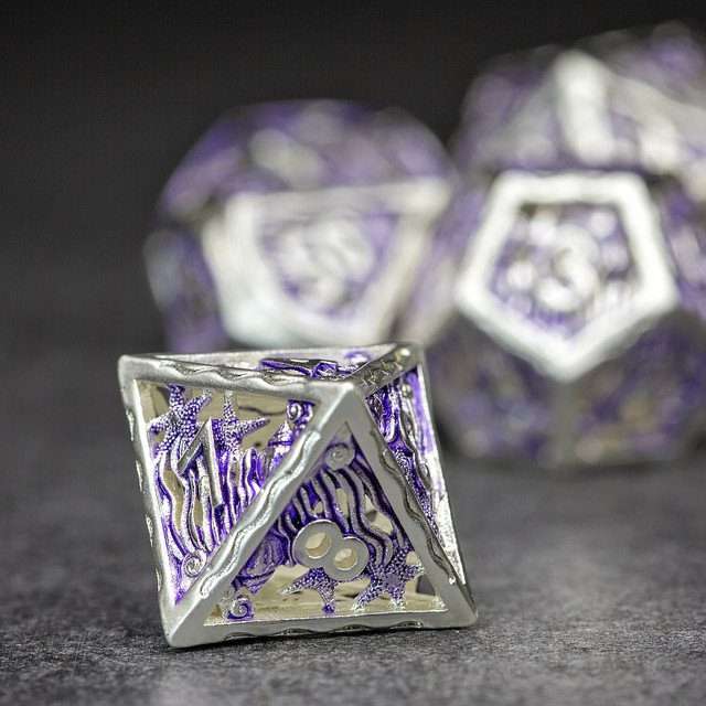 Sage's Mystery of the Oceans Purple/Silver Hollow Metal Polyhedral Dice Set - Sage's PortalHollow Metal Dice Set