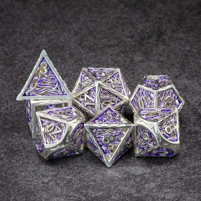 Sage's Mystery of the Oceans Purple/Silver Hollow Metal Polyhedral Dice Set - Sage's PortalHollow Metal Dice Set