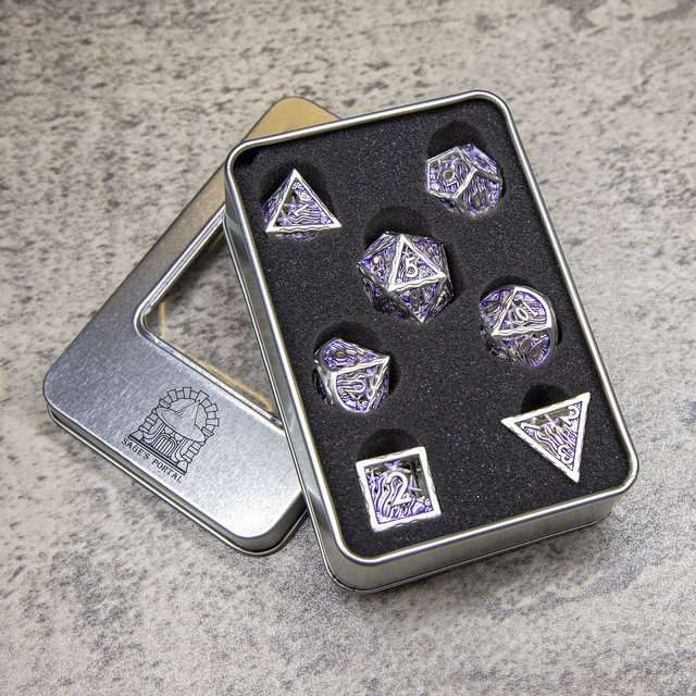 Sage's Mystery of the Oceans Purple/Silver Hollow Metal Polyhedral Dice Set - Sage's PortalHollow Metal Dice Set