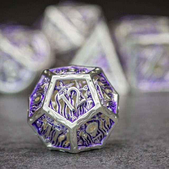 Sage's Mystery of the Oceans Purple/Silver Hollow Metal Polyhedral Dice Set - Sage's PortalHollow Metal Dice Set