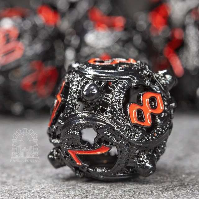 Sage’s Ouroboros Crimson Midnight Hollow Metal Polyhedral Dice Set - Sage's PortalHollow Metal Dice Set