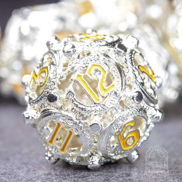 Sage’s Ouroboros Radiant Silver Hollow Metal Polyhedral Dice Set - Sage's PortalHollow Metal Dice Set
