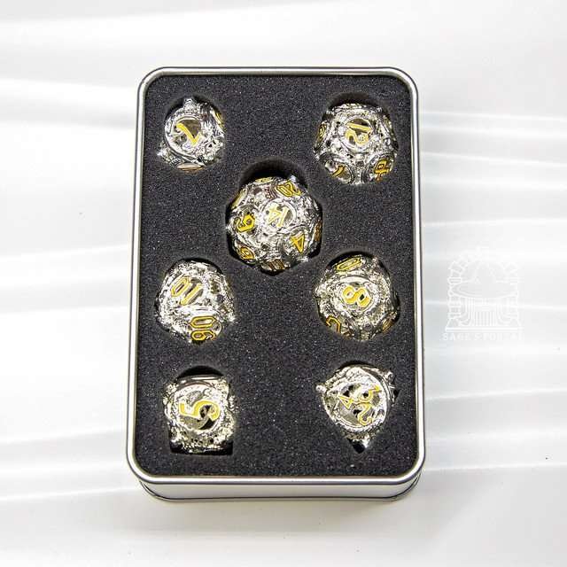 Sage’s Ouroboros Radiant Silver Hollow Metal Polyhedral Dice Set - Sage's PortalHollow Metal Dice Set