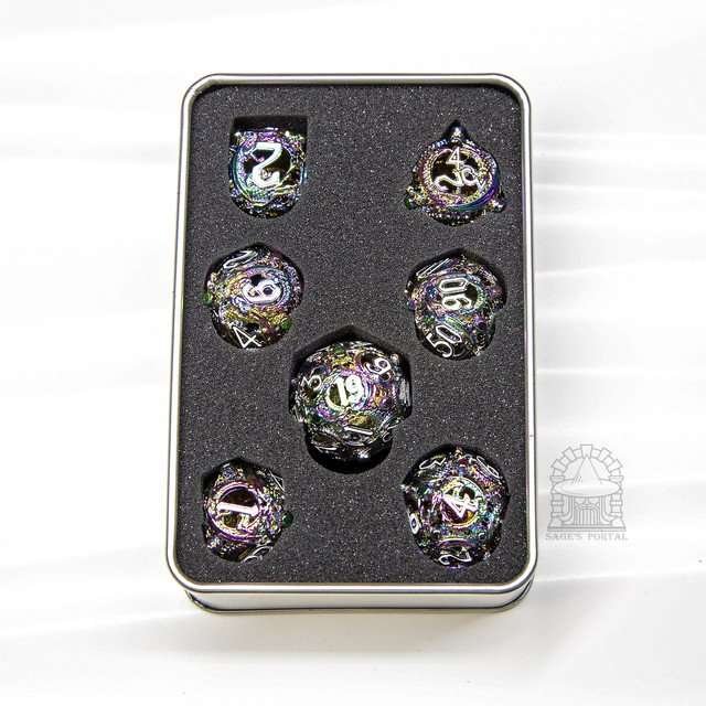 Sage’s Ouroboros Rainbow Hollow Metal Polyhedral Dice Set - Sage's PortalHollow Metal Dice Set