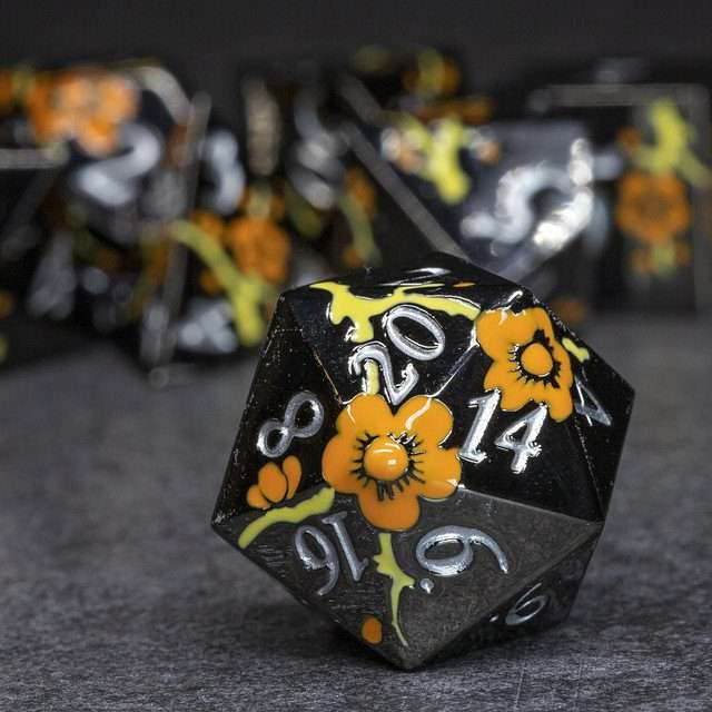 Sage's Petrified Flowers Black Orange/Yellow Flowers Metal Polyhedral Dice Set - Sage's PortalMetal Dice Set