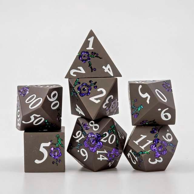 Sage's Petrified Flowers Black/Purple Metal Dice Set - Sage's PortalMetal Dice Set