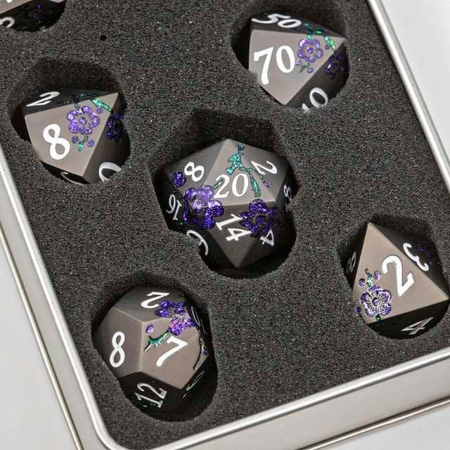 Sage's Petrified Flowers Black/Purple Metal Dice Set - Sage's PortalMetal Dice Set