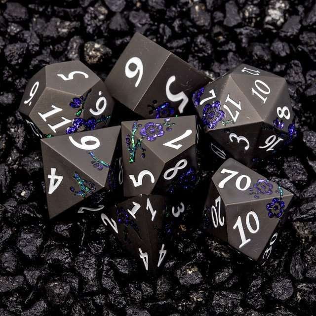 Sage's Petrified Flowers Black/Purple Metal Dice Set - Sage's PortalMetal Dice Set